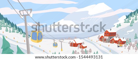 Beautiful ski resort flat vector illustration. Mountain winter landscape with chairlift for downhill skiing, snowboarding and extreme sports. Seasonal recreation spot. Active lifestyle concept.