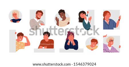 Cheerful, curious, happy people flat vector illustration set. Men and women peeping, staring, smiling cartoon characters collection. Male and female portraits bundle. Adorable guys and girls pack.