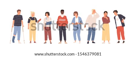 People with injuries and aches flat vector illustration set. Men and women suffering from pain cartoon character collection. Patients with medical conditions. First aid. Emergency medicine.