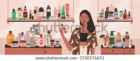 Natural cosmetics, eco products choosing in store flat illustration. Female shop assistant, cosmetic buyer cartoon character. Toiletry assortment. Lady skincare, makeup, beauty products choice.