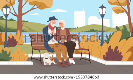 Elderly man and woman have a date in the park. Romantic couple sitting on a bench and smiling. Two senior lovers spend time together. Happy grandparents walk. Vector illustration in flat cartoon style