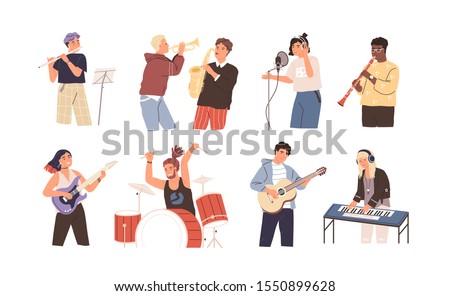People playing musical instruments vector illustrations set. Young singer recording song with professional equipment cartoon character. Talented musicians, band members performance.