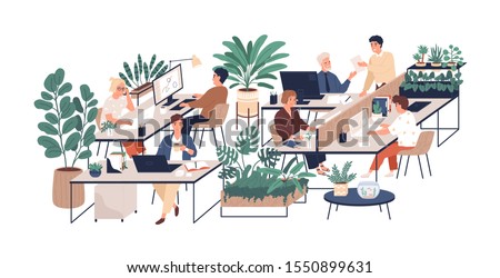 Green office flat vector illustration. Company staff, co-workers male and female cartoon characters. Comfortable workplace. Office coziness, domestic atmosphere, corporate environment.