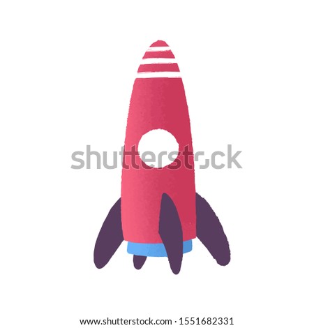 Toy rocket flat vector illustration. Childish plastic plaything. Missile cartoon model. Startup, new beginnings. Space exploration, rocket launch. Rocketship toy isolated on white background.