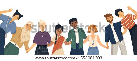 International friendship flat vector illustration. Young diverse people group standing together cartoon characters. Multiethnic unity and peace concept. Diversity and social togetherness idea.