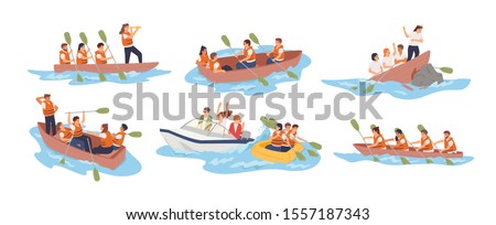 Business team in boat vector illustrations set. Teamwork, stuff cooperation concept. Different situations, joint problem solving. Business partnership metaphor. Boat teams isolated on white background