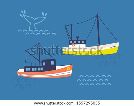 Fishing trawlers in open sea flat vector illustration. Commercial whaling boats and huge whale tail in ocean. Whaler occupation, fisher profession concept. Professional fishery business.