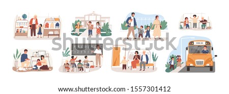 Back to school vector illustrations set. Preparation to Day of knowledge, school supplies buying, first grader gathering. Pupils and teacher, parents and children, bus driver cartoon characters.