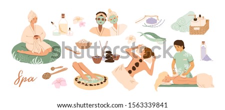 Spa center service flat vector illustrations set. Beauty salon visitors and workers cartoon characters. Wellness center procedures and equipment pack. Hot stone massage, foot bath and facial masks.