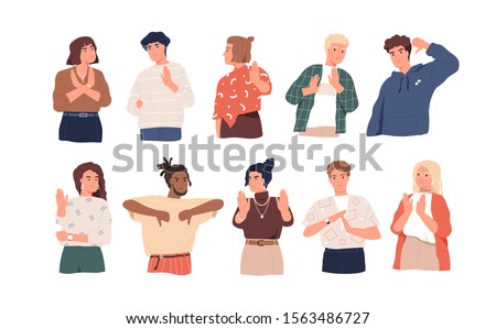 Negative gestures flat vector illustrations set. Finger language, non verbal communication. People disagree and rejection signs isolated pack on white background. Sign language, emotions expression.