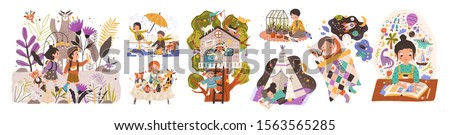 World of childhood flat vector illustrations set. Kids cartoon characters playing games and doing childish activities. Building a shelter, drawing, reading fairy tales. Children dreams and imagination