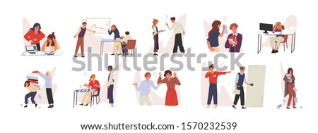 Rudeness in business team vector illustrations set. Bad job, adverse atmosphere, disrespectful attitude towards colleagues concept. Company staff, rude executive and subordinate cartoon characters.