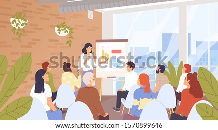 Business seminar, conference vector illustration. Company personnel training, career development course concept. Business coach and lecture listeners, businesspeople cartoon characters.