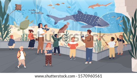 Children in oceanarium flat vector illustration. Parents and kids looking at ocean fishes cartoon characters. Aquarium, marine flora and fauna, underwater fish and sea animals variety.