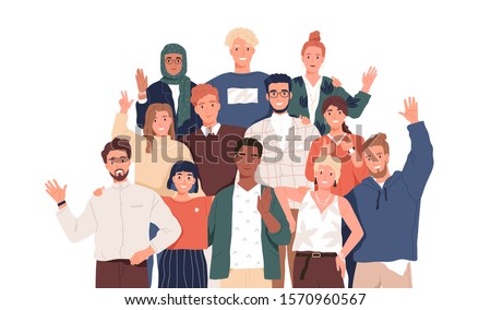 Multicultural team flat vector illustration. Unity in diversity. People of different nationalities and religions cartoon characters. Multinational society. Teamwork, cooperation, friendship concept. Сток-фото © 
