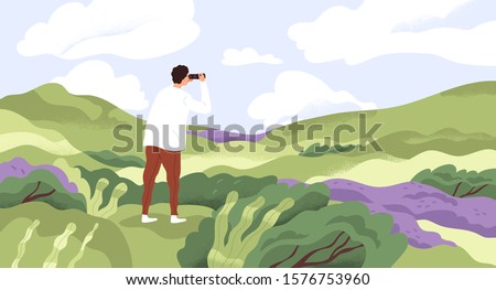 Nature lover flat vector illustration. Man with binoculars enjoying scenic landscape. Searching new horizons, life goals. Explorer cartoon character. Outdoor activity, discovery, exploration.