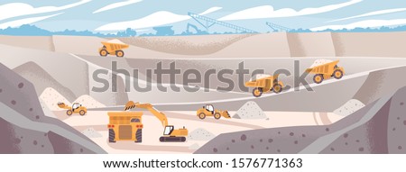 Quarry landscape flat vector illustration. Marble mining concept. Industrial machinery and transport. Excavators and dump trucks at opencast. Mine production, stone quarrying process.