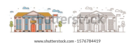 School linear vector illustration. Modern educational institution exterior isolated on white background. Primary education building. Academic campus with flag outline design element.