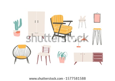 Furniture elements hand drawn vector illustrations set. Living room furnishing. Comfortable and stylish armchair, wardrobe, cupboard and houseplants in pots. Scandinavian style home decoration pieces.