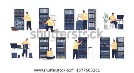 System administrator flat vector illustrations set. Computer repair, upkeeping server, adjusting network. Sysadmin cartoon character isolated on white background. Data center maintenance service.