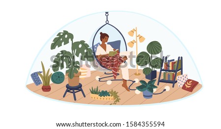 Personal space concept flat vector illustration. Selftime. Girl sitting in comfortable hanging chair, covered in blanket and reading book. Indoor garden, cute and comfy interior design.