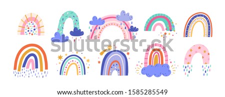 Cute colorful rainbows set. Childish flat vector illustrations collection. Weather forecast, meteorology. Rainy clouds and stars isolated on white background. T shirt print design element.