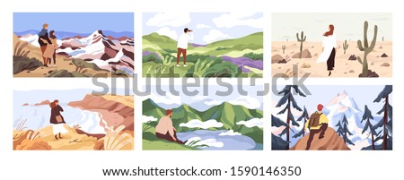 Travelers enjoying scenic view flat vector illustrations set. Young people on adventure cartoon character. Searching for goal, opening new horizons, outdoor rest concept. Tourists contemplating nature