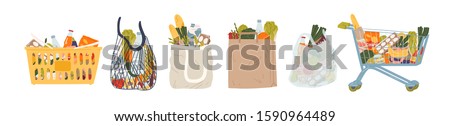 Shopping bags and baskets flat vector illustrations set. Grocery purchases, paper and plastic packages, turtle bags with products. Natural food, organic fruits and vegetable. Department store goods.