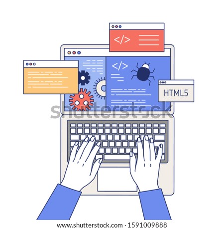 Professional programming outline vector illustration. Software engineering, computer program development, bug fixing concept. Malware security, code debugging, script writing process.