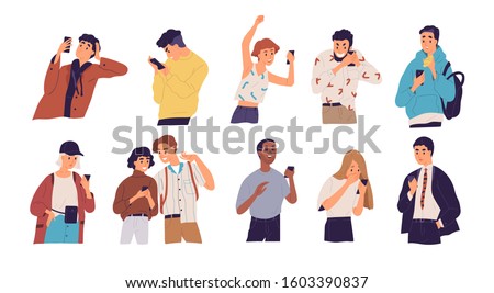 People with smartphones flat vector illustrations set. Different emotions, reaction to information concept. Men and women with mobile phones cartoon characters isolated on white background.