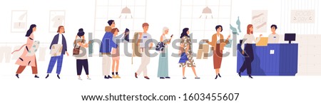 Shopping in store flat vector illustration. Sale, discount, special offer concept. Seller and people standing in queue cartoon characters. Male and female customers isolated on white background.