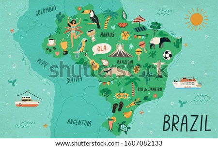 Brazil map hand drawn vector illustration. South America country cultural symbols, tourist attractions. Fauna and flora, national landmarks and travel destinations. Brazil creative educational poster
