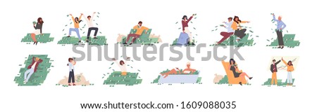 Rich people flat vector illustrations set. Financial success, lottery win, fortune, good luck concept. Men and women with money cartoon characters collection isolated on white background.