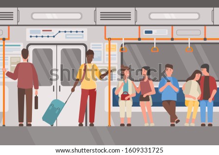 Metro, subway train, public transport flat vector illustration. Underground railway carriage interior, people in suburban electric train. Male and female passengers, commuters cartoon characters.