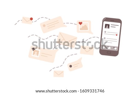 Online communication flat vector illustration. Correspondence, social network activity. E mail, message, notification, popularity on internet. Smartphone and letters isolated on white background.