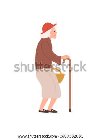 Old lady flat vector illustration. Elderly woman with walking stick. Age, oldness, senility, health problems. Senior female, grandmother cartoon character isolated on white background.