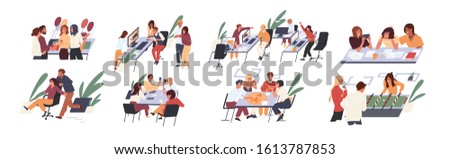 Team creative people having fun at office set vector flat illustration. Collection cartoon character rejoicing break at work isolated on white background. Happy corporate man and woman playing games.