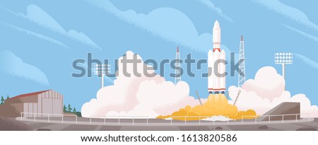 Spaceship start cartoon vector illustration. Heavy rocket carrier taking off, launching satellite or international station on Earth orbit. Space exploration and modern technology concept.