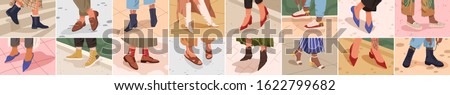 Set of different female legs wearing trendy shoes and boots colored vector flat illustration. Cartoon fashionable woman in classy footwear collection. Modern stylish foot accessory.