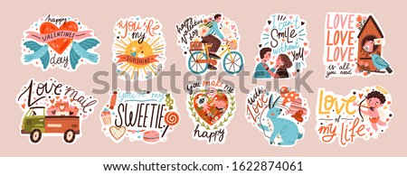 Set of valentines day doodle sticker vector flat illustration. Collection of love symbol and romantic elements cartoon character. Hand drawn 14 february isolated bundle.