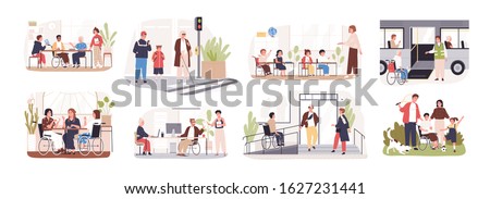 Set of disabled cartoon people care at public place vector flat illustration. Collection of people with disability in wheelchairs isolated on white background. Concept of inclusion at modern society