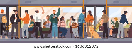 Different cartoon people go by public transport vector flat illustration. Crowd of passengers characters inside city bus. Colored man and woman at train interior