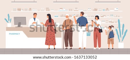 Smiling cartoon pharmacist and clients in counter at pharmacy vector flat illustration. Different positive people standing in queue at drugstore. Colored customers characters buying medicines