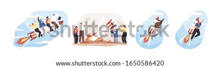 Various cartoon people moving top on rocket and crash set vector graphic illustration. Collection of successful team moving high isolated on white. Business motivation, fail and startup development