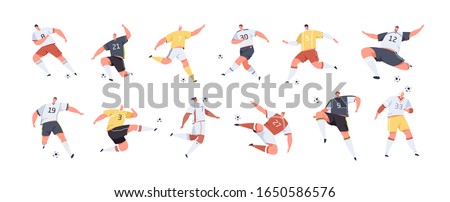Cartoon male soccer players set vector graphic illustration. Collection of colorful sports man playing football hitting ball isolated on white. Active people kicking balls in different poses