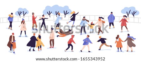 Crowd of active cartoon people ice skating on rink vector flat illustration. Man, woman, children, family and couple outdoors activity isolated on white. Colorful person in seasonal outerwear