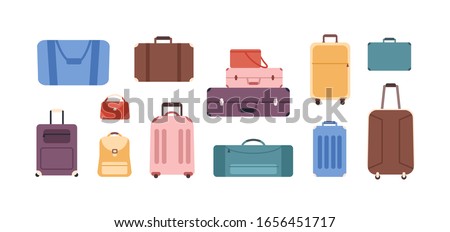 Cartoon colored baggage bag set isolated on white background. Different plastic, metal and leather luggage vector flat illustration. Various travel suitcase, business bags and backpack