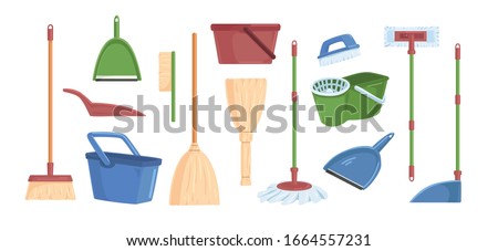 Cartoon brooms scoops, bucket and dust pans set vector graphic illustration. Collection of different colored equipment for indoors cleaning, household tools isolated on white background