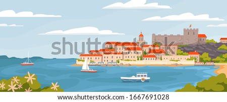 Beautiful European town on summer sea coast vector graphic illustration. Natural panoramic landscape view sky, water, city houses, ships and boats amazing seascape