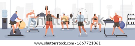 Different cartoon people exercising at modern gym vector flat illustration. Athletic man and woman on training apparatus have various physical exercises enjoy sport activity